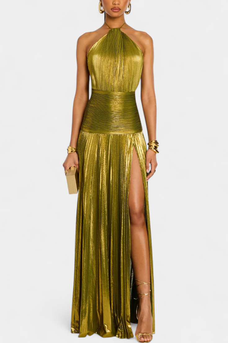 EMMA™ | METALLIC OPEN BACK HALTER DRESS