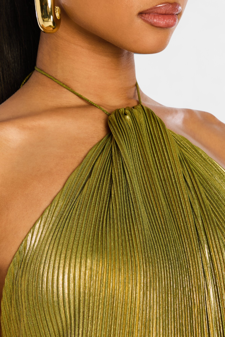 EMMA™ | METALLIC OPEN BACK HALTER DRESS