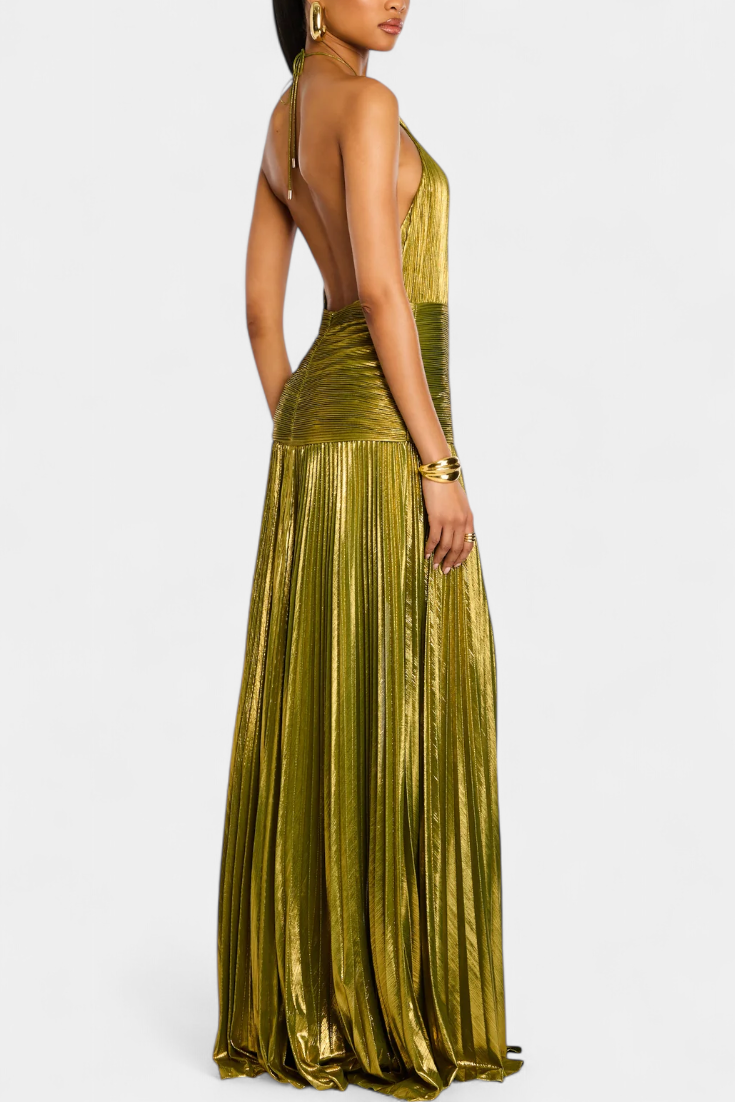 EMMA™ | METALLIC OPEN BACK HALTER DRESS
