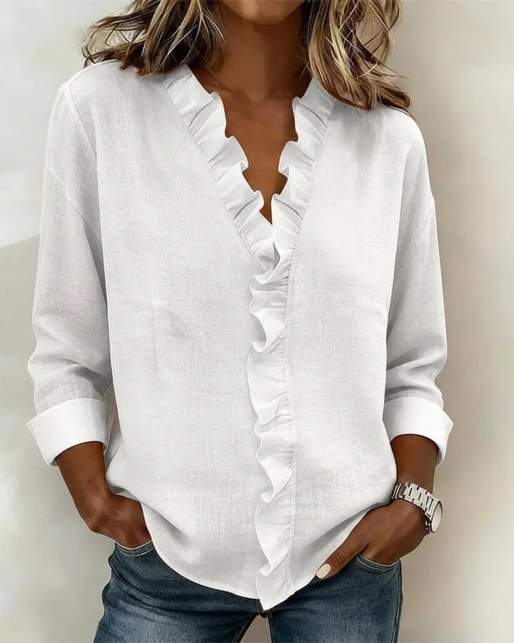 SUSAN™ | BLOUSE WITH RUFFLES, V-NECK AND LONG SLEEVES