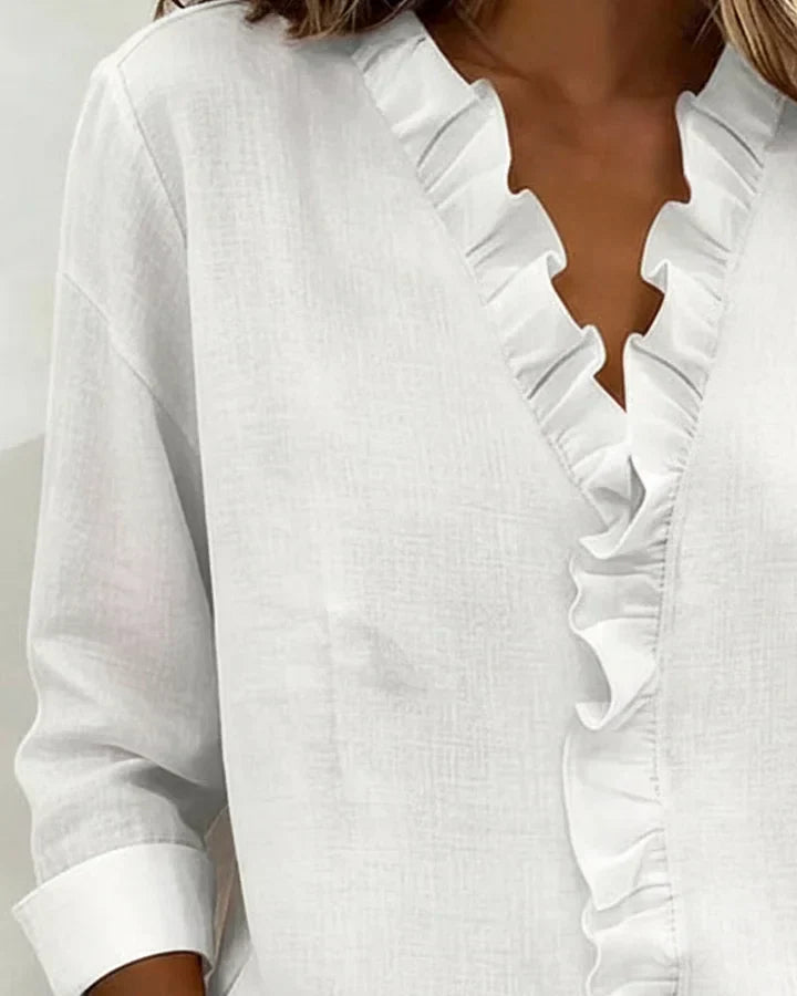 YVONNE™ | BLOUSE WITH RUFFLES, V-NECK AND LONG SLEEVES