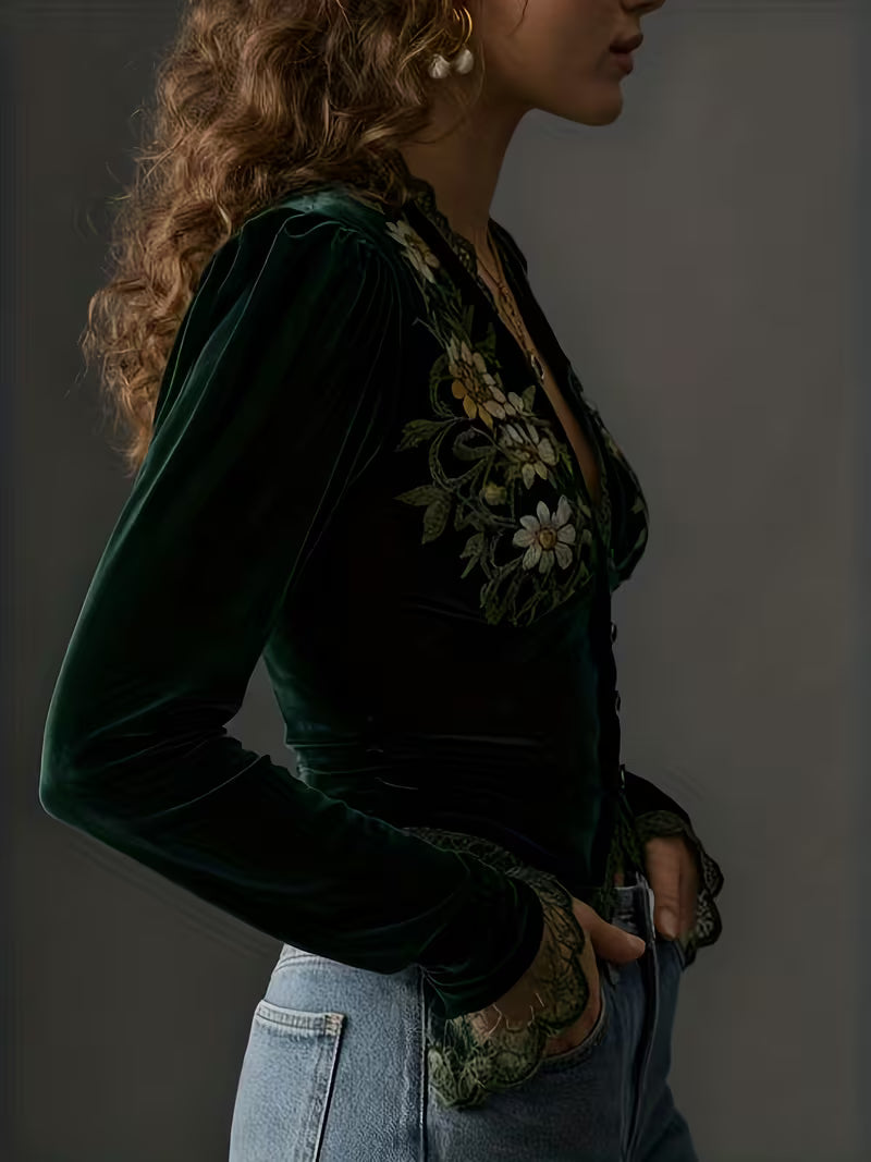 NORA™ | LONG-SLEEVE VELVET BLOUSE WITH EMBROIDERED FLOWERS