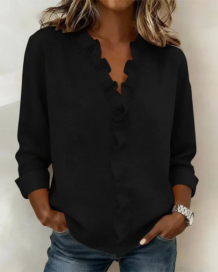 YVONNE™ | BLOUSE WITH RUFFLES, V-NECK AND LONG SLEEVES