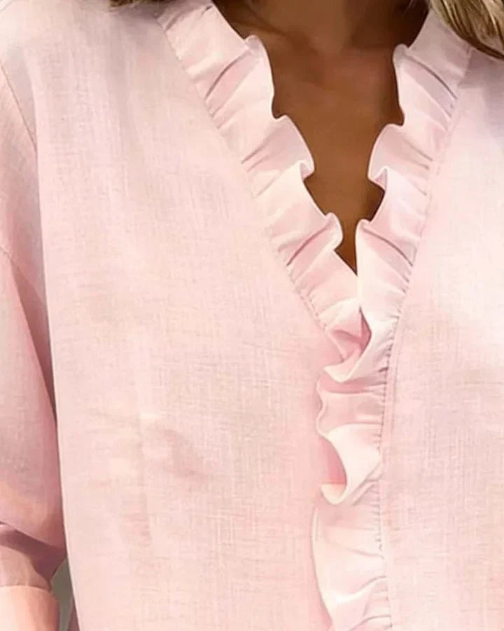 SUSAN™ | BLOUSE WITH RUFFLES, V-NECK AND LONG SLEEVES