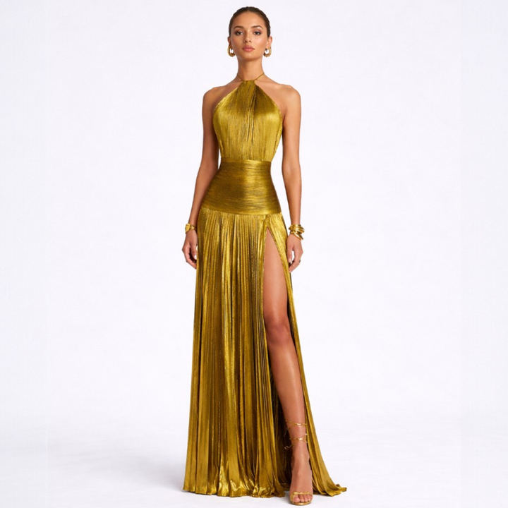 EMMA™ | METALLIC OPEN BACK HALTER DRESS