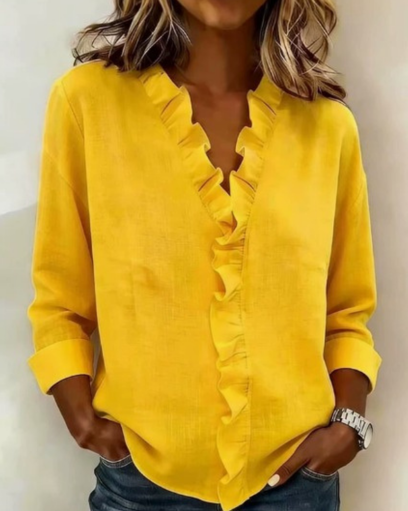 SUSAN™ | BLOUSE WITH RUFFLES, V-NECK AND LONG SLEEVES