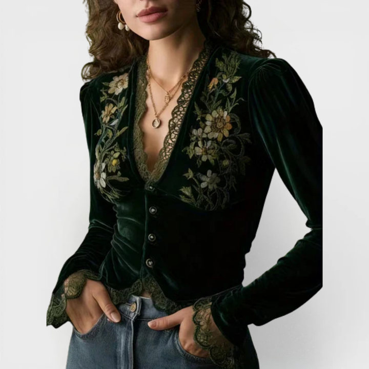 NORA™ | LONG-SLEEVE VELVET BLOUSE WITH EMBROIDERED FLOWERS