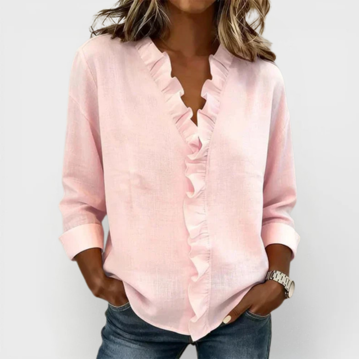 SUSAN™ | BLOUSE WITH RUFFLES, V-NECK AND LONG SLEEVES