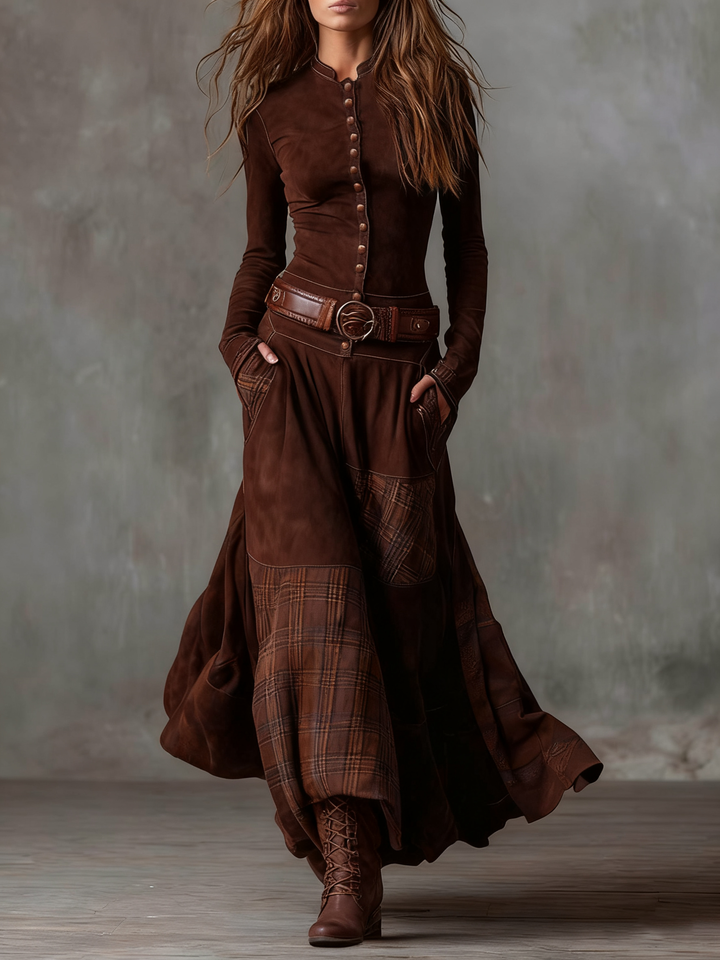 VALERIA™|VINTAGE NAVY CHECK MAXI DRESS