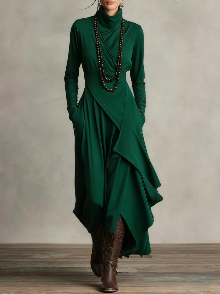 GENEVIEVE™|PLEATED ASYMMETRIC HIGH COLLAR MAXI DRESS