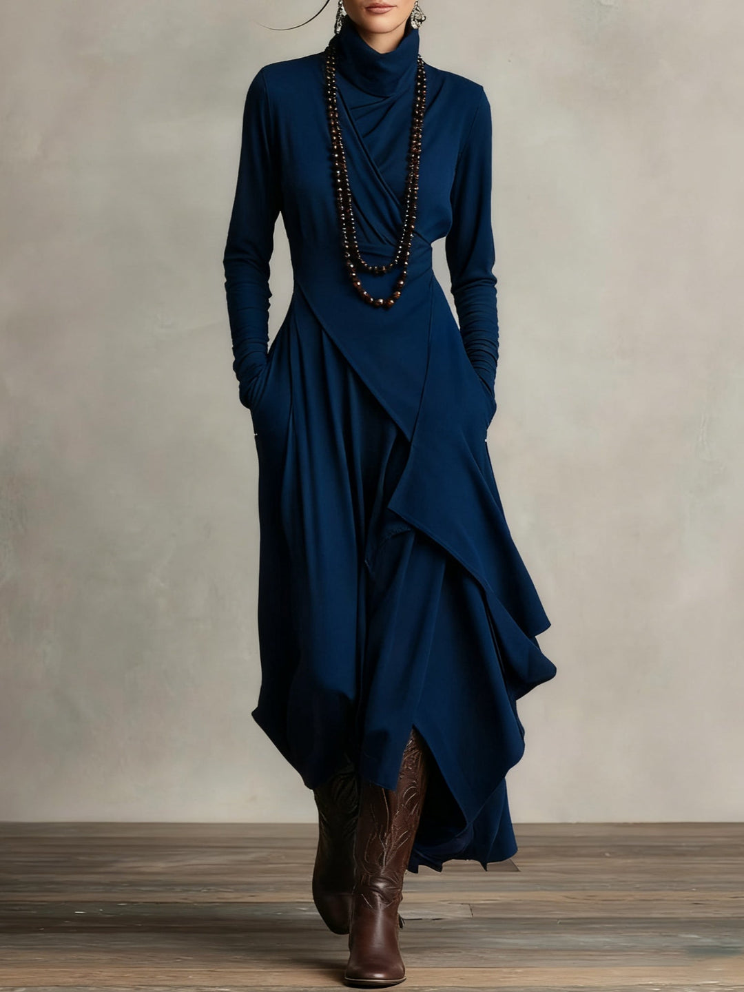 GENEVIEVE™|PLEATED ASYMMETRIC HIGH COLLAR MAXI DRESS