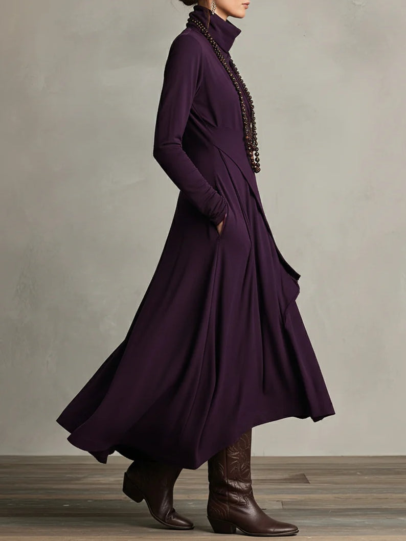 GENEVIEVE™|PLEATED ASYMMETRIC HIGH COLLAR MAXI DRESS