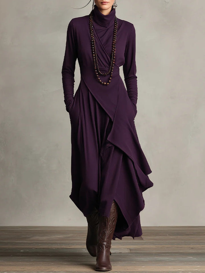 GENEVIEVE™|PLEATED ASYMMETRIC HIGH COLLAR MAXI DRESS