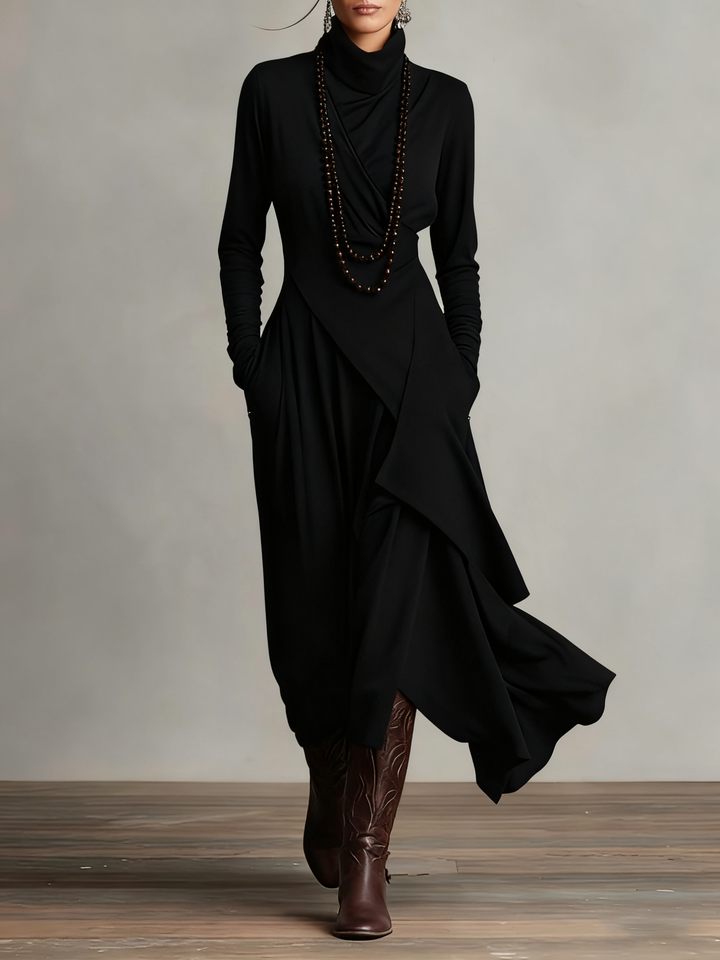 GENEVIEVE™|PLEATED ASYMMETRIC HIGH COLLAR MAXI DRESS