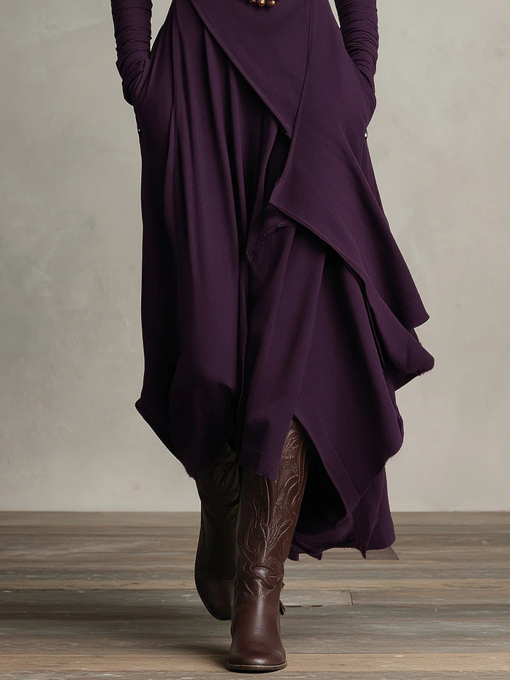 GENEVIEVE™|PLEATED ASYMMETRIC HIGH COLLAR MAXI DRESS