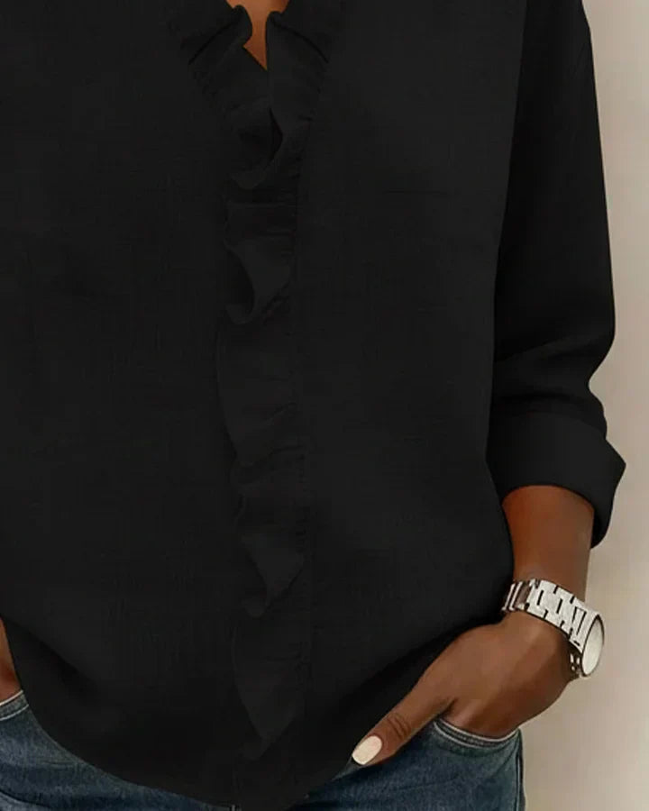 YVONNE™ | BLOUSE WITH RUFFLES, V-NECK AND LONG SLEEVES