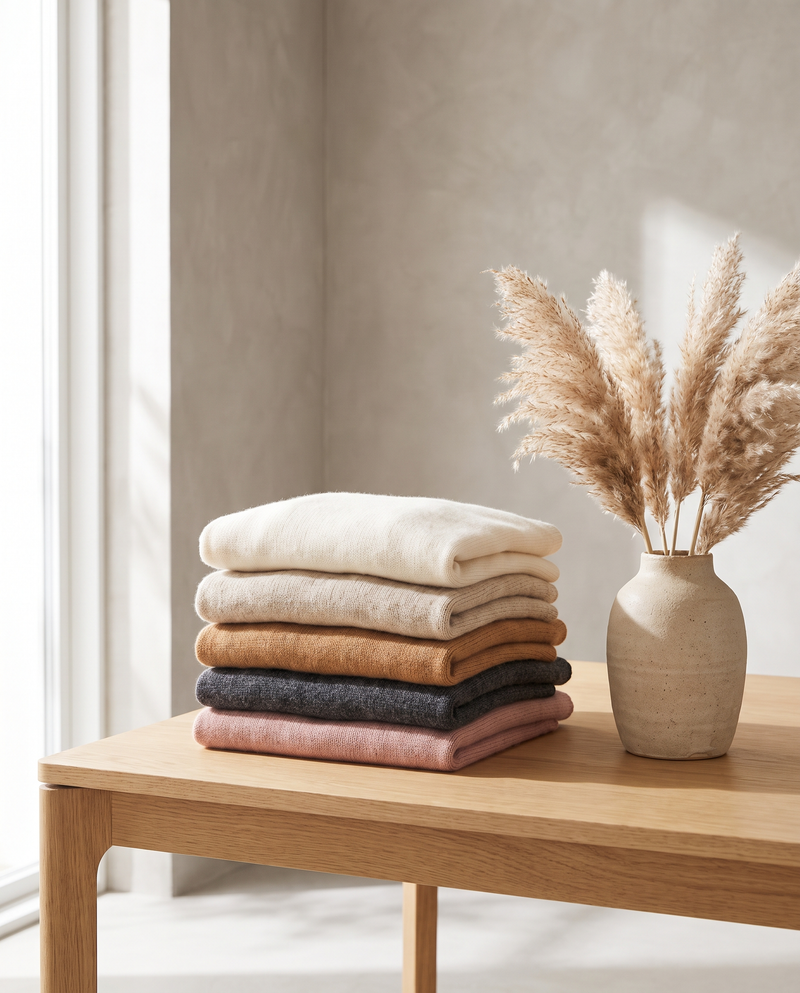 Folded knit sweaters in neutral tones