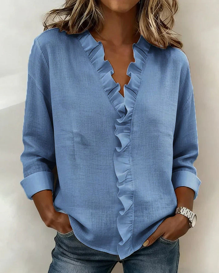YVONNE™ | BLOUSE WITH RUFFLES, V-NECK AND LONG SLEEVES