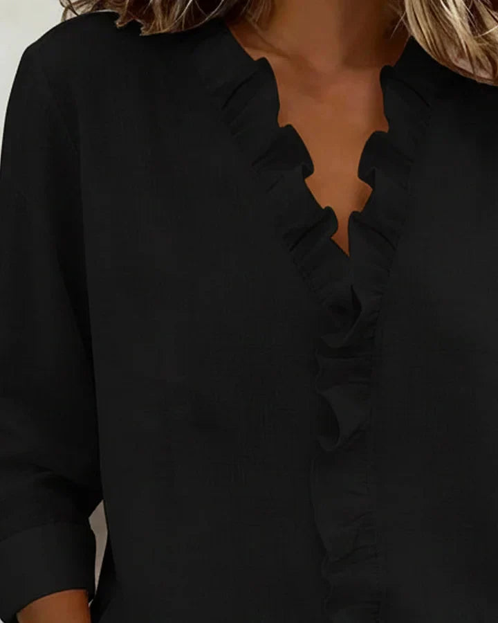 YVONNE™ | BLOUSE WITH RUFFLES, V-NECK AND LONG SLEEVES