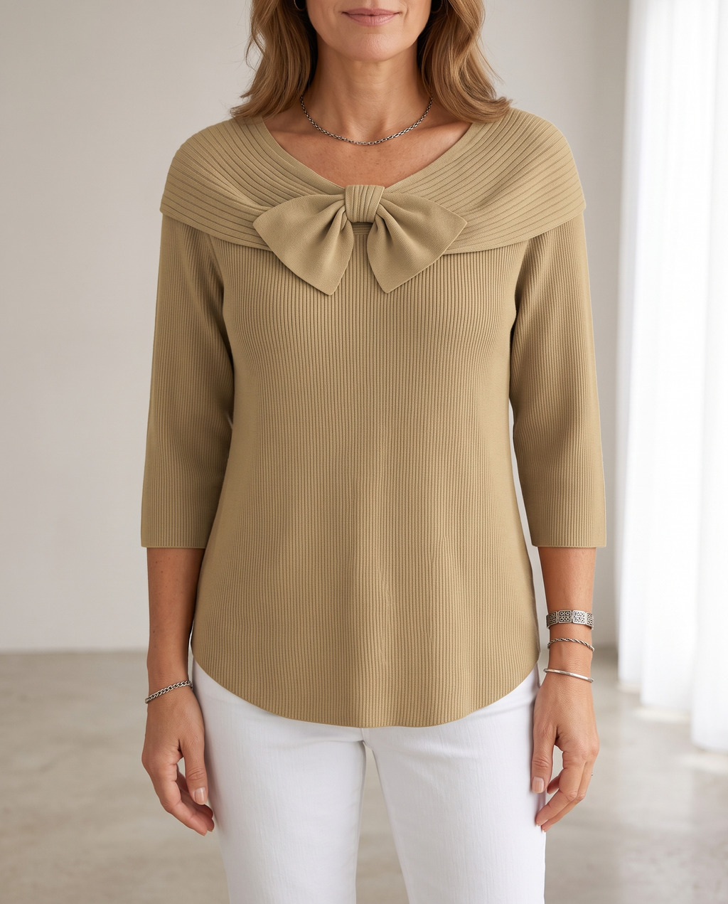 Neeko Bow Detail Sweater in Khaki